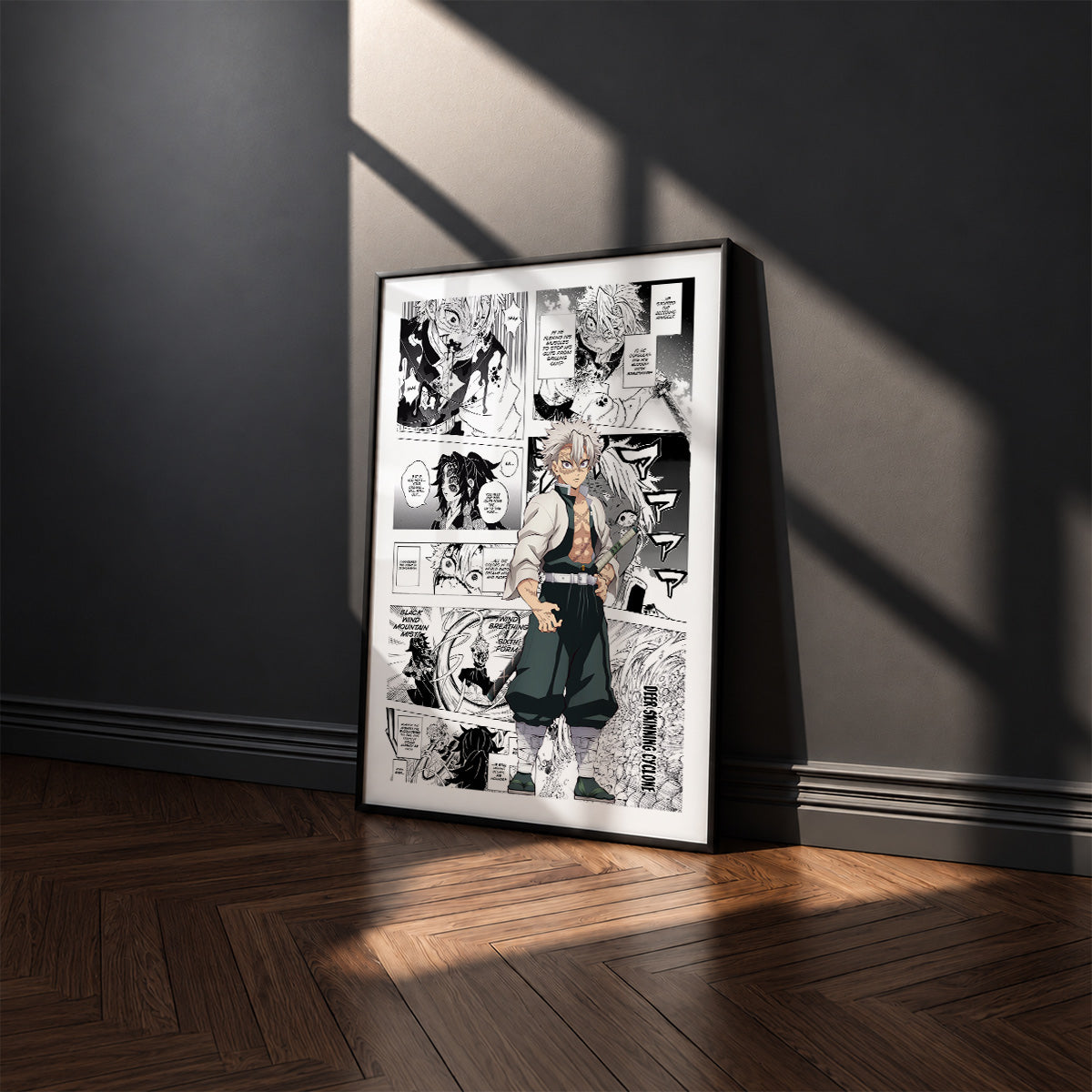 Sanemi Shinazugawa manga poster inspired by Demon Slayer in a black frame against a charcoal gray wall