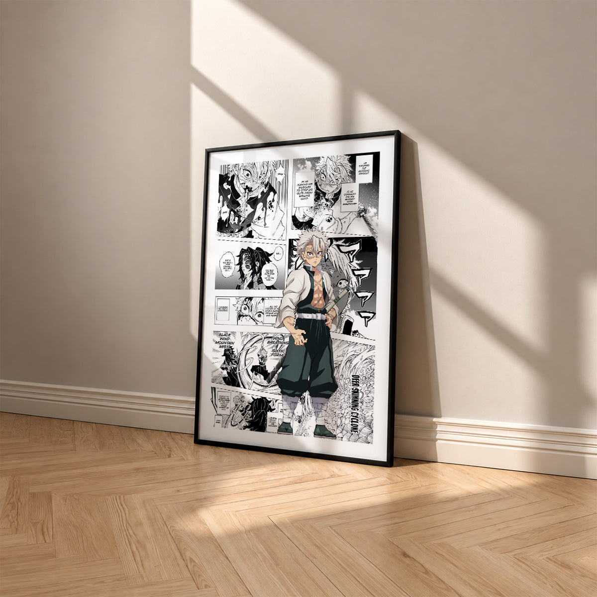 Sanemi Shinazugawa manga poster inspired by Demon Slayer in a black frame against a warm beige wall