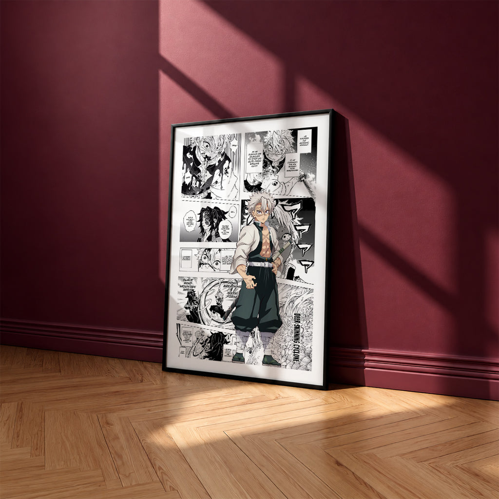 Sanemi Shinazugawa manga poster inspired by Demon Slayer in a black frame against a burgundy wall