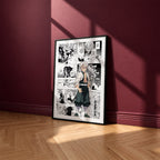 Sanemi Shinazugawa manga poster inspired by Demon Slayer in a black frame against a burgundy wall