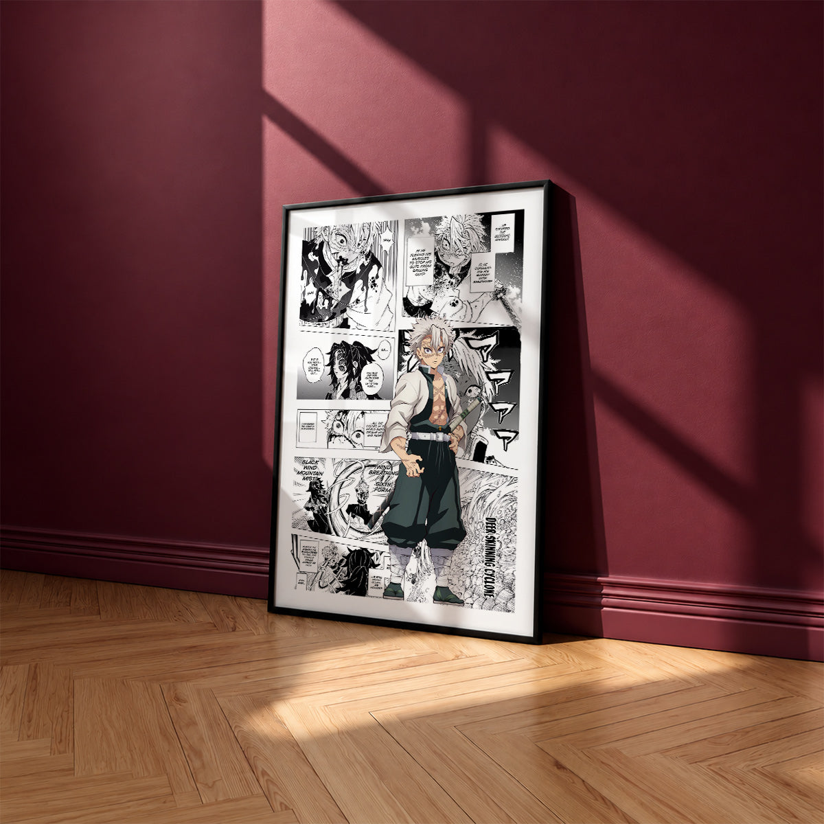 Sanemi Shinazugawa manga poster inspired by Demon Slayer in a black frame against a burgundy wall