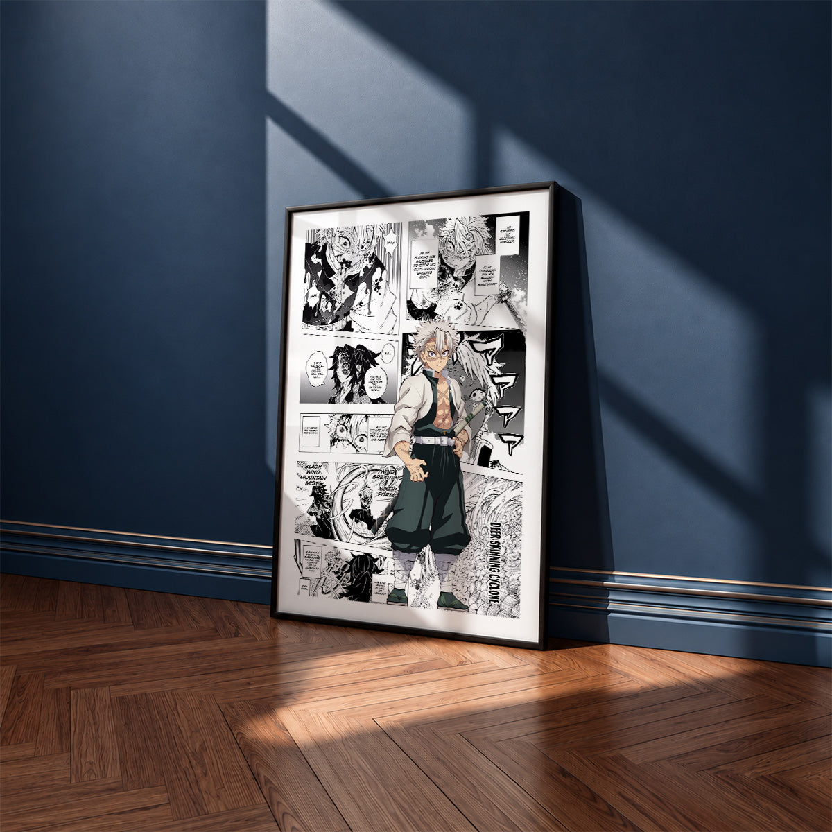 Sanemi Shinazugawa manga poster inspired by Demon Slayer in a black frame against a navy blue wall