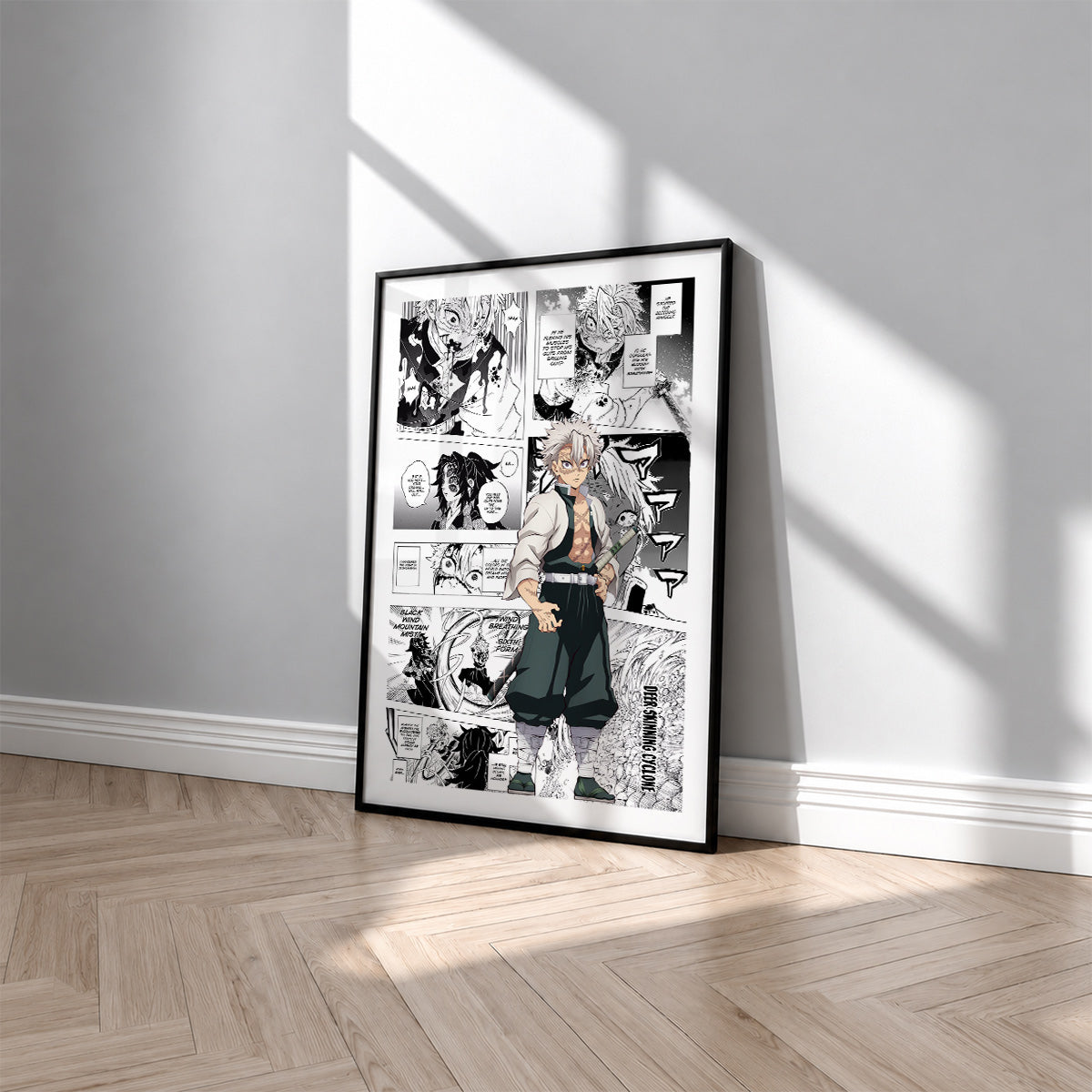 Sanemi Shinazugawa manga poster inspired by Demon Slayer in a black frame against a light gray wall