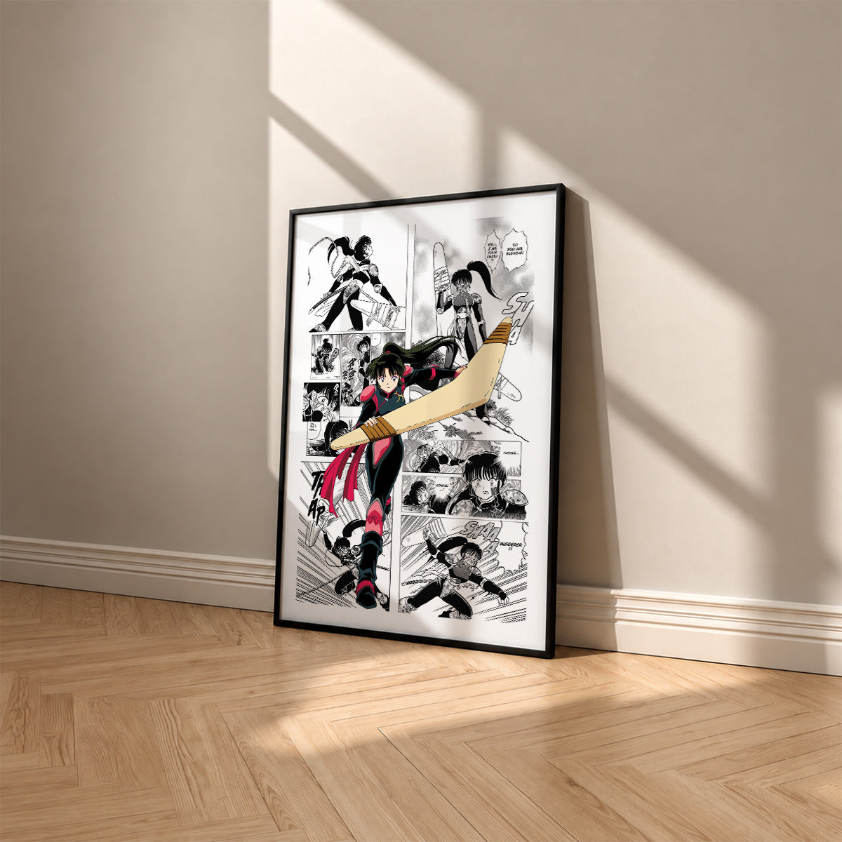 Sango manga poster inspired by Inuyasha in a black frame against a warm beige wall