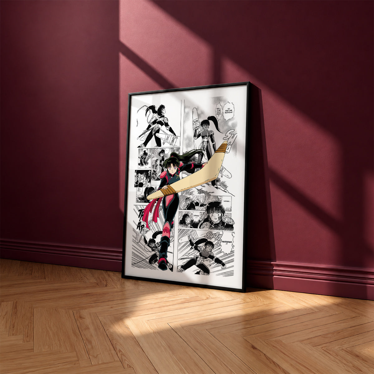 Sango manga poster inspired by Inuyasha in a black frame against a burgundy wall