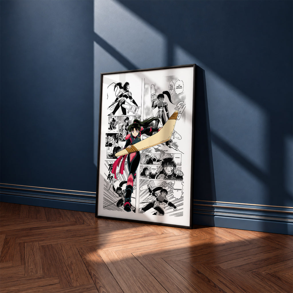 Sango manga poster inspired by Inuyasha in a black frame against a navy blue wall