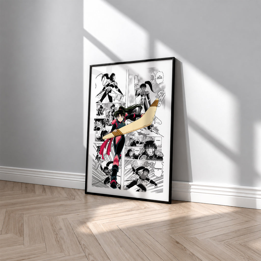 Sango manga poster inspired by Inuyasha in a black frame against a light gray wall