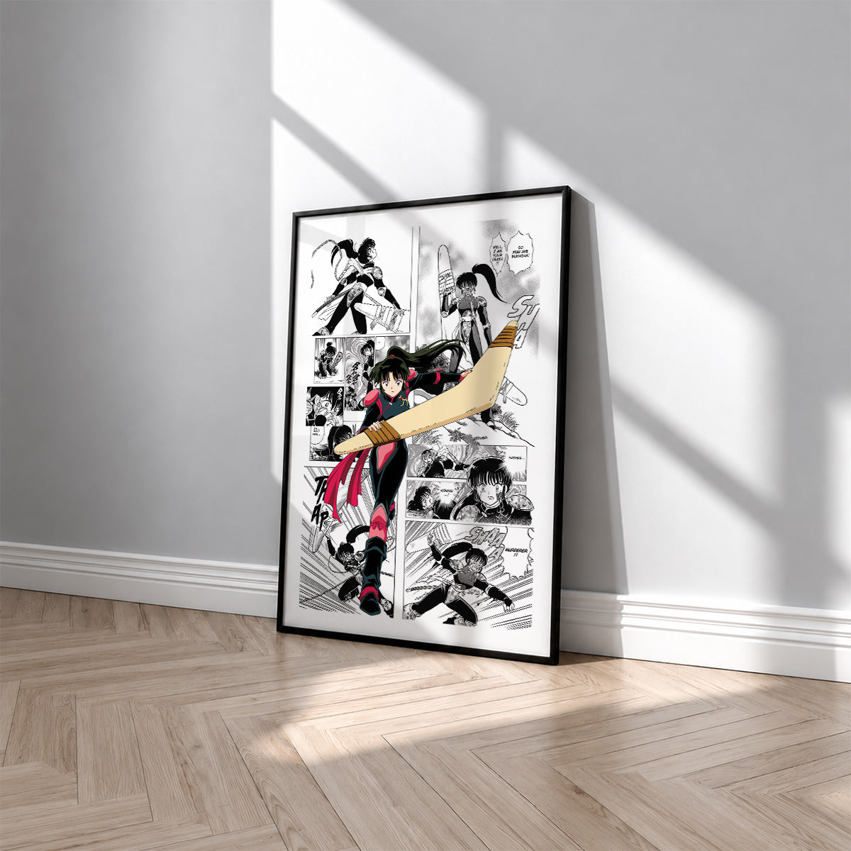 Sango manga poster inspired by Inuyasha in a black frame against a light gray wall