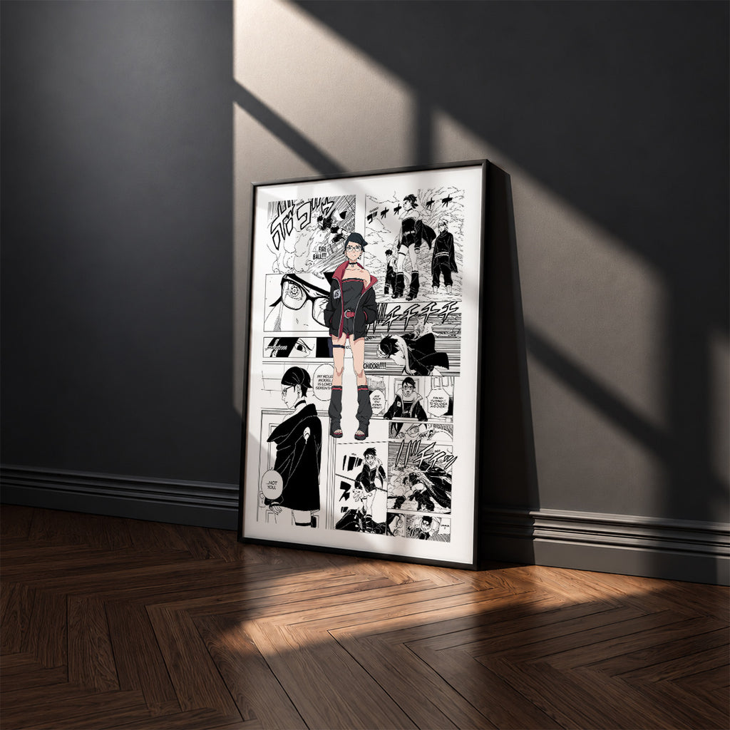 Sarada Uchiha manga poster inspired by Naruto in a black frame against a charcoal gray wall