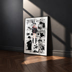 Sarada Uchiha manga poster inspired by Naruto in a black frame against a charcoal gray wall