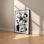 Sarada Uchiha manga poster inspired by Naruto in a black frame against a warm beige wall