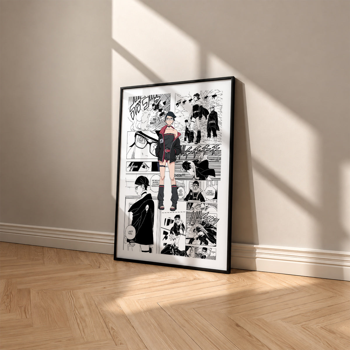 Sarada Uchiha manga poster inspired by Naruto in a black frame against a warm beige wall