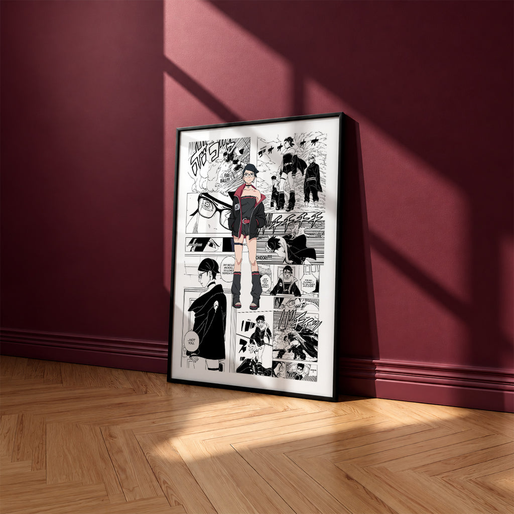 Sarada Uchiha manga poster inspired by Naruto in a black frame against a burgundy wall