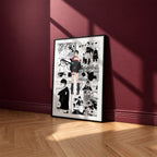 Sarada Uchiha manga poster inspired by Naruto in a black frame against a burgundy wall