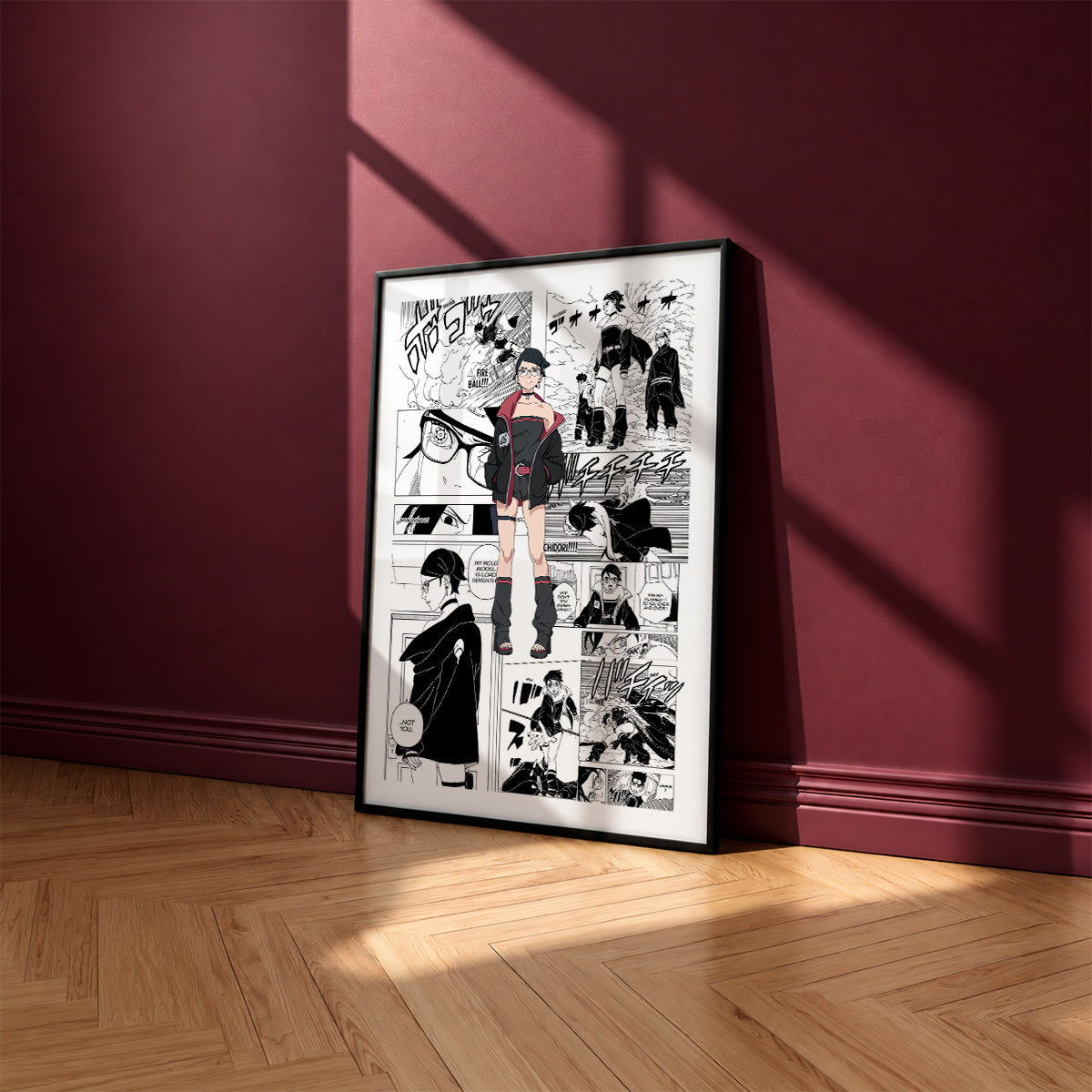 Sarada Uchiha manga poster inspired by Naruto in a black frame against a burgundy wall