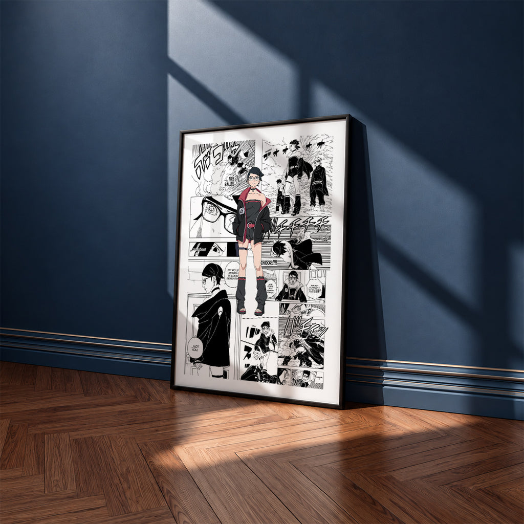 Sarada Uchiha manga poster inspired by Naruto in a black frame against a navy blue wall