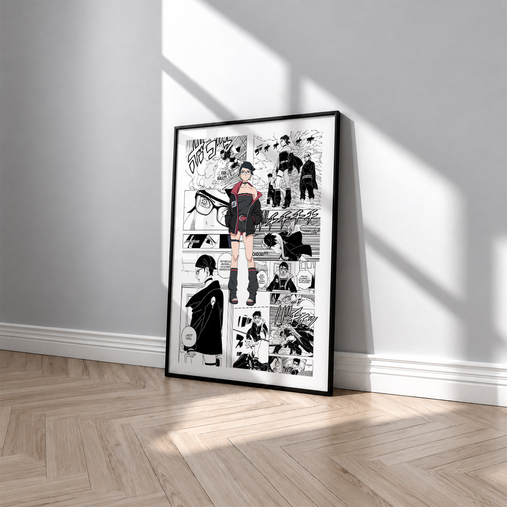 Sarada Uchiha manga poster inspired by Naruto in a black frame against a light gray wall
