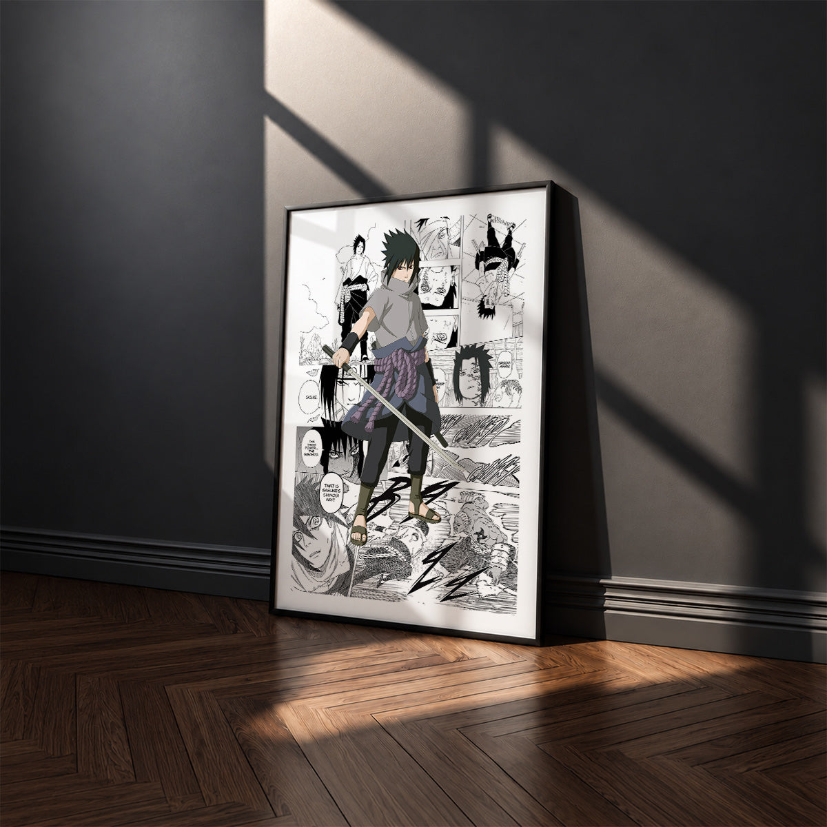 Sasuke Uchiha manga poster inspired by Naruto in a black frame against a charcoal gray wall