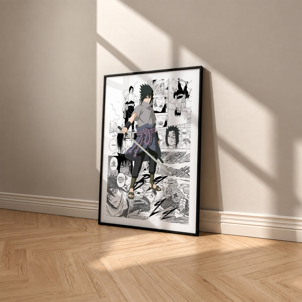 Sasuke Uchiha manga poster inspired by Naruto in a black frame against a warm beige wall