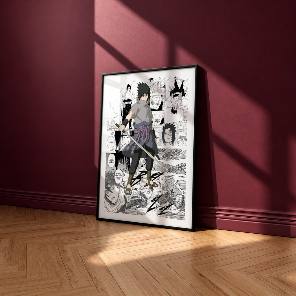 Sasuke Uchiha manga poster inspired by Naruto in a black frame against a burgundy wall