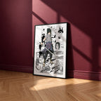 Sasuke Uchiha manga poster inspired by Naruto in a black frame against a burgundy wall