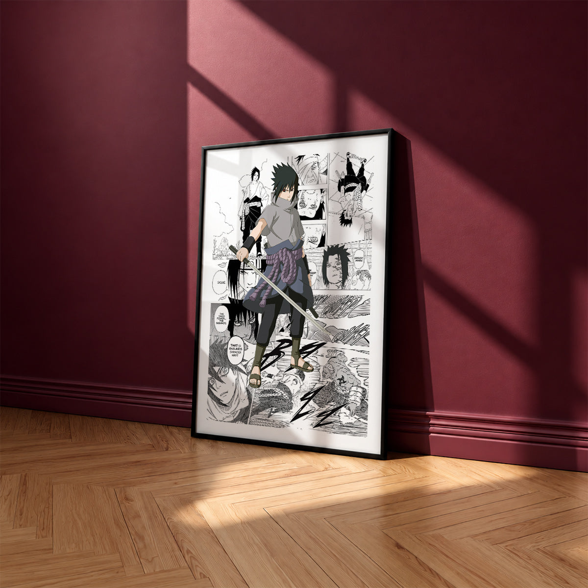 Sasuke Uchiha manga poster inspired by Naruto in a black frame against a burgundy wall