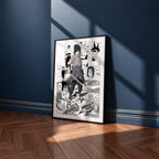 Sasuke Uchiha manga poster inspired by Naruto in a black frame against a navy blue wall