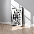 Sasuke Uchiha manga poster inspired by Naruto in a black frame against a light gray wall