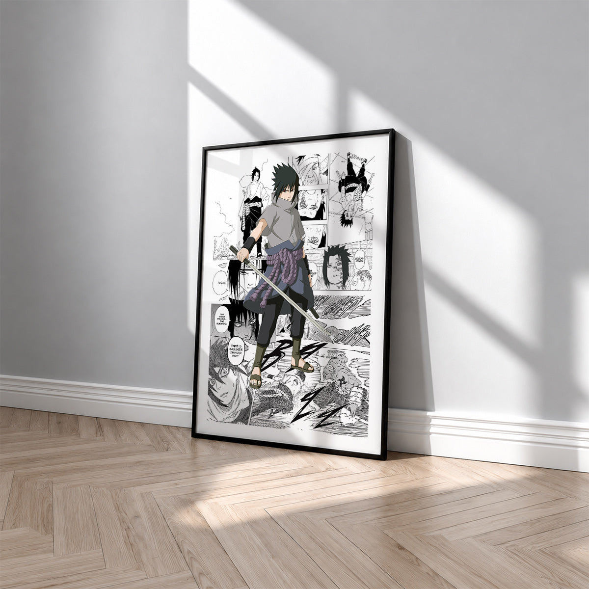 Sasuke Uchiha manga poster inspired by Naruto in a black frame against a light gray wall
