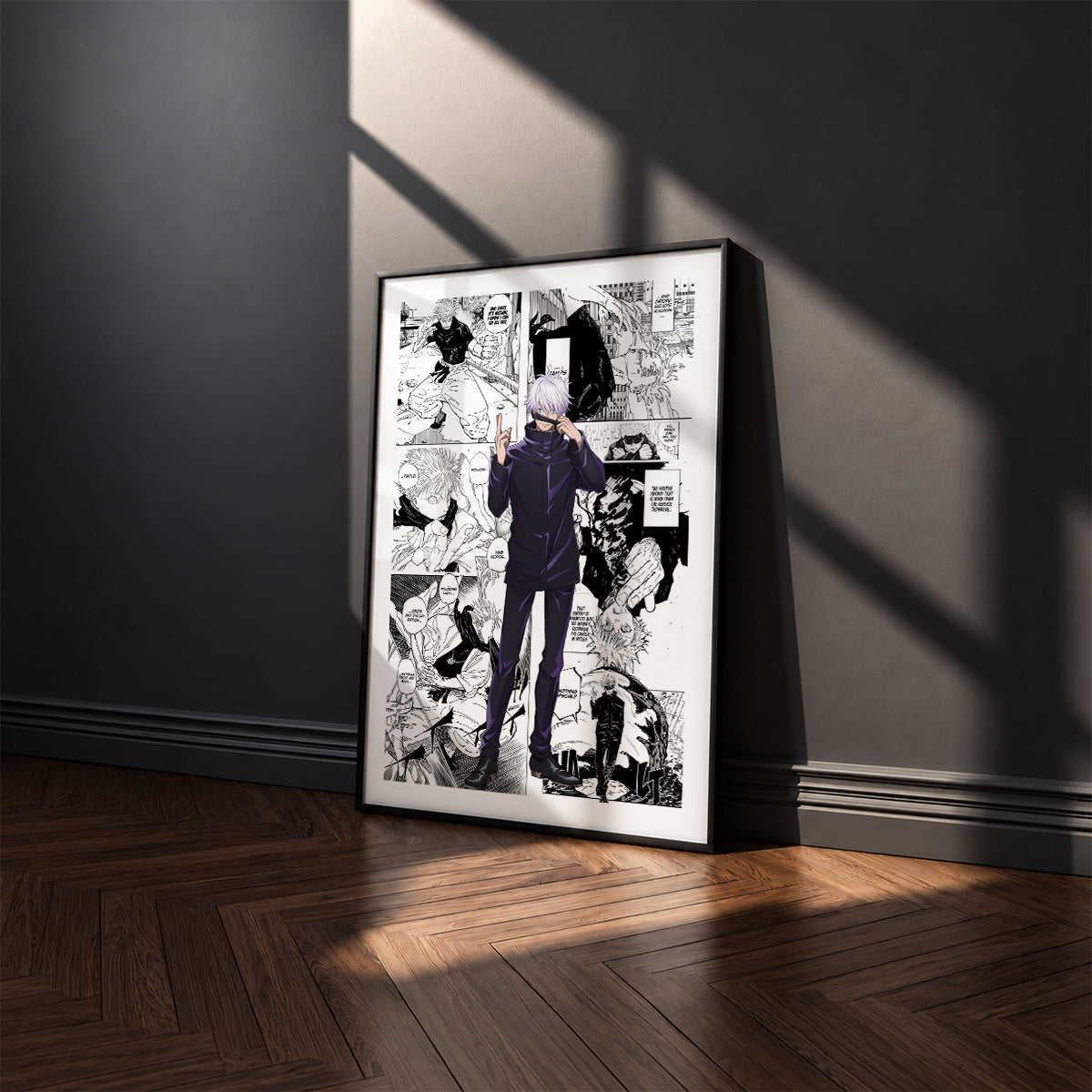 Satoru Gojo manga poster inspired by Jujutsu Kaisen in a black frame against a charcoal gray wall