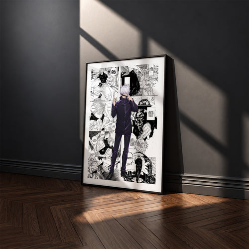 Satoru Gojo manga poster inspired by Jujutsu Kaisen in a black frame against a charcoal gray wall