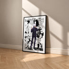 Satoru Gojo manga poster inspired by Jujutsu Kaisen in a black frame against a warm beige wall