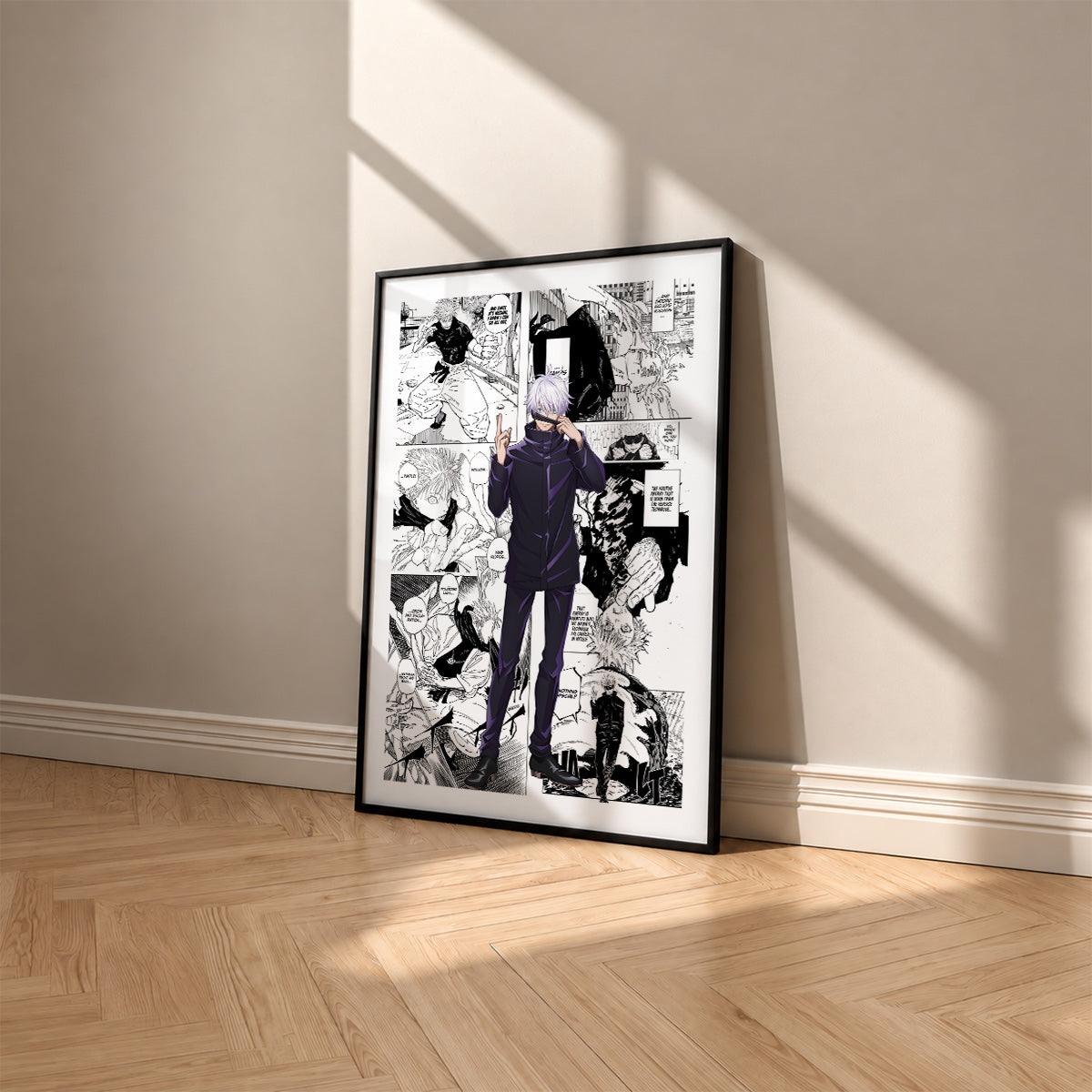 Satoru Gojo manga poster inspired by Jujutsu Kaisen in a black frame against a warm beige wall