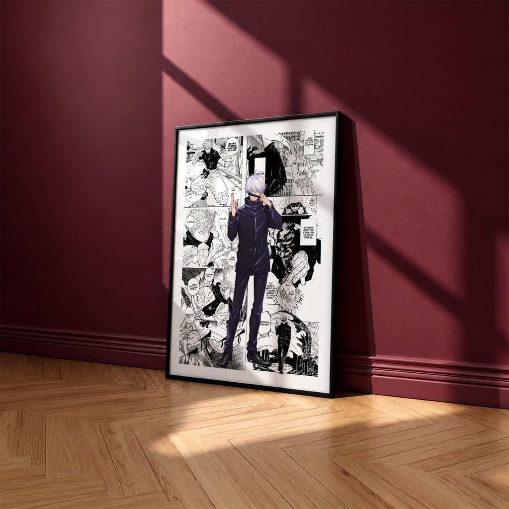 Satoru Gojo manga poster inspired by Jujutsu Kaisen in a black frame against a burgundy wall