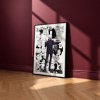 Satoru Gojo manga poster inspired by Jujutsu Kaisen in a black frame against a burgundy wall
