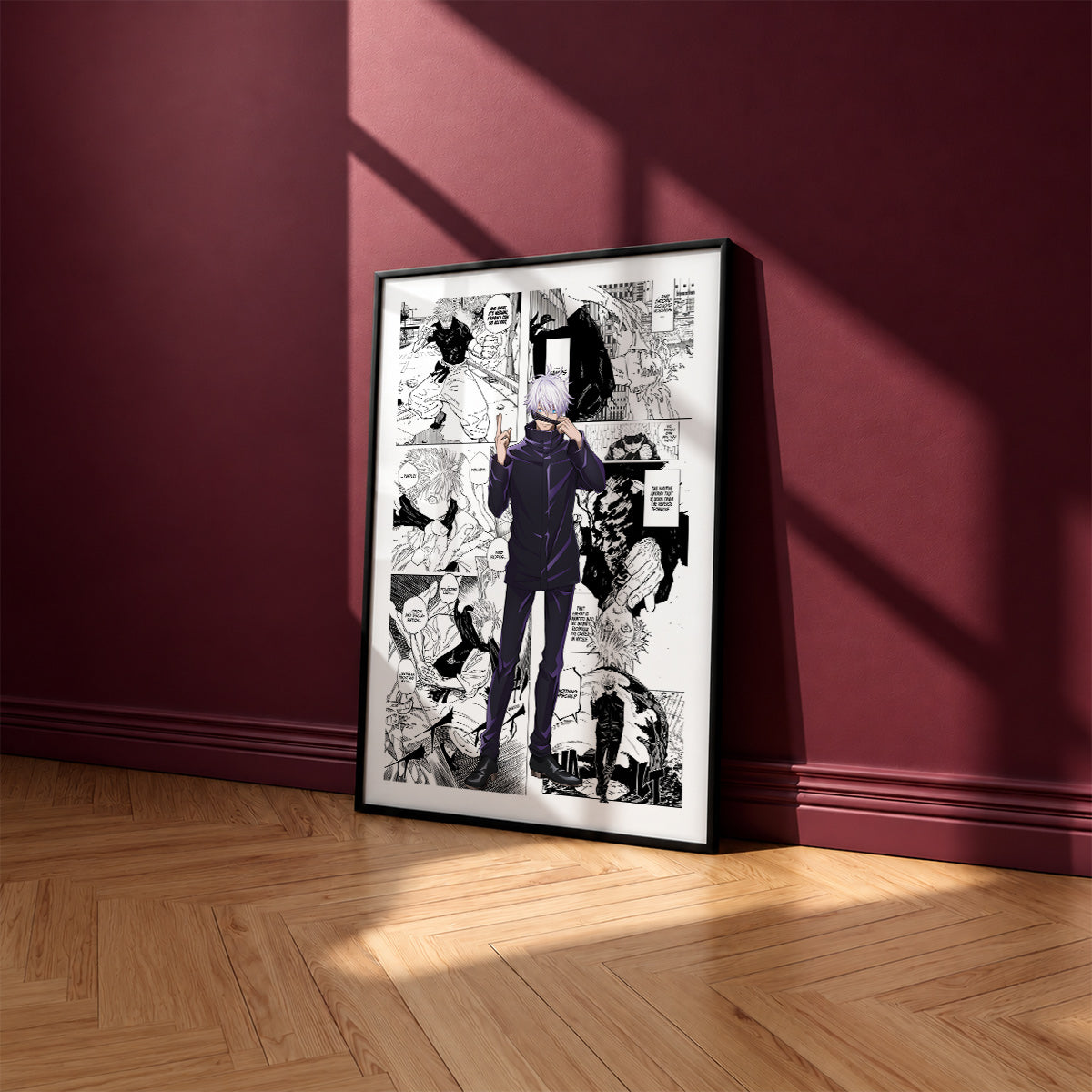 Satoru Gojo manga poster inspired by Jujutsu Kaisen in a black frame against a burgundy wall