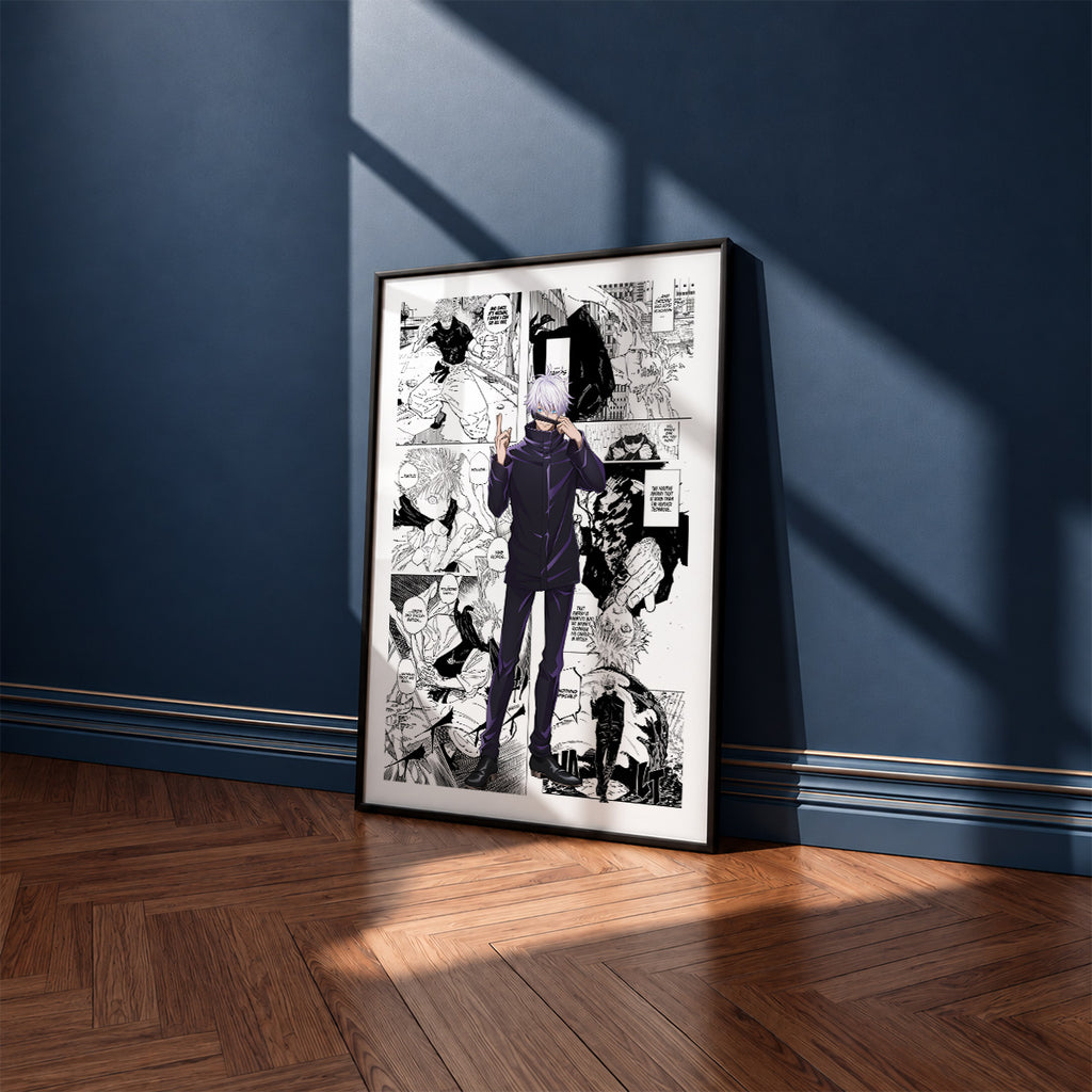 Satoru Gojo manga poster inspired by Jujutsu Kaisen in a black frame against a navy blue wall