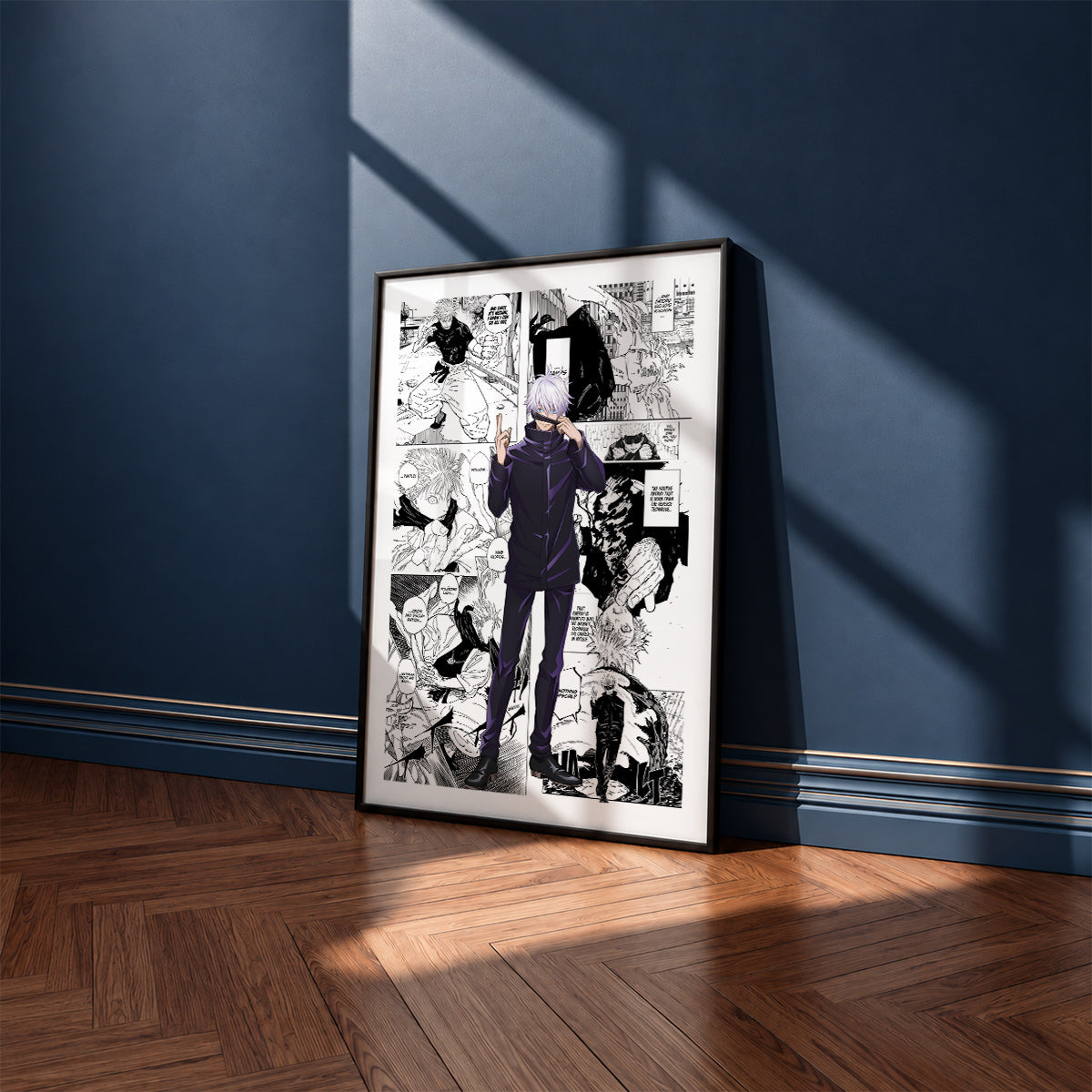 Satoru Gojo manga poster inspired by Jujutsu Kaisen in a black frame against a navy blue wall