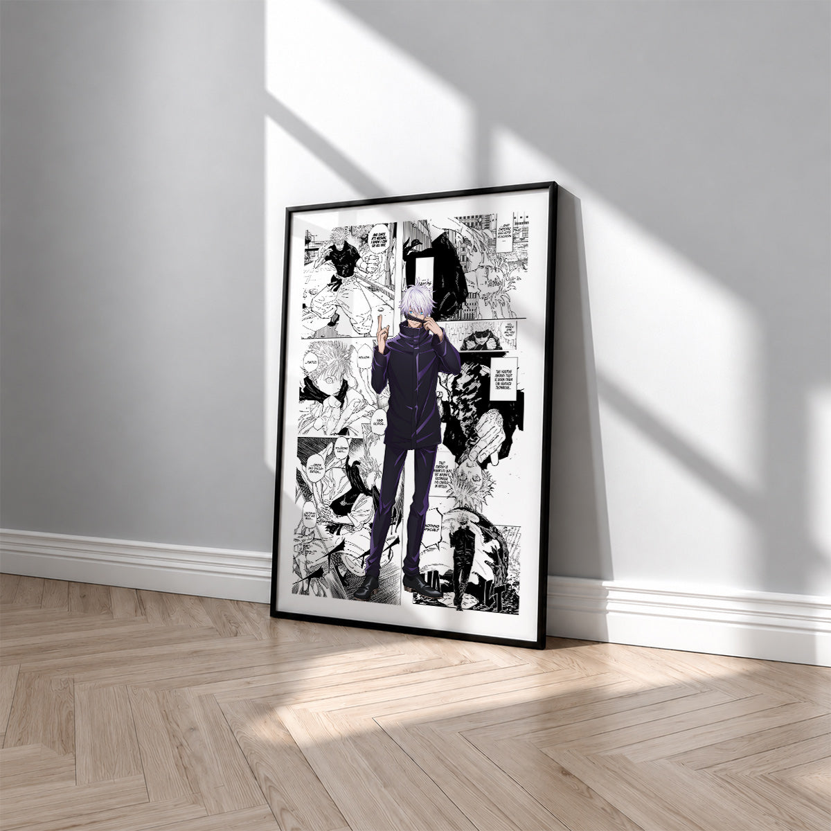 Satoru Gojo manga poster inspired by Jujutsu Kaisen in a black frame against a light gray wall