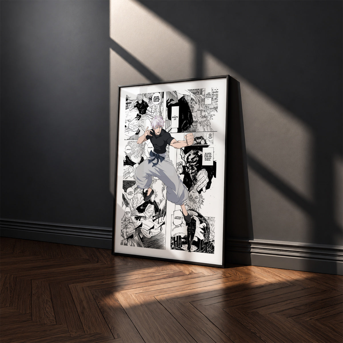 Satoru Gojo Shinjuku Showdown manga poster inspired by Jujutsu Kaisen in a black frame against a charcoal gray wall