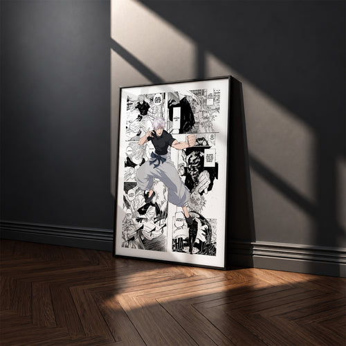 Satoru Gojo Shinjuku Showdown manga poster inspired by Jujutsu Kaisen in a black frame against a charcoal gray wall