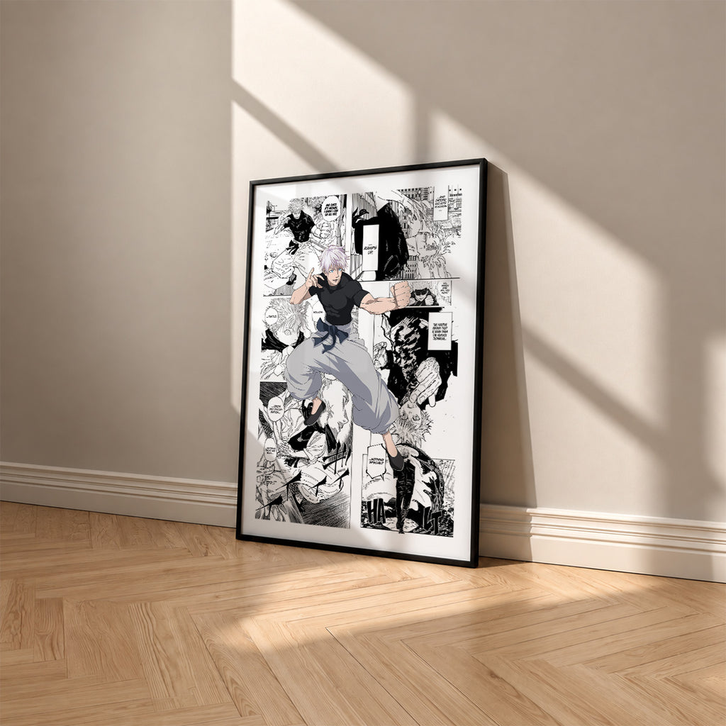 Satoru Gojo Shinjuku Showdown manga poster inspired by Jujutsu Kaisen in a black frame against a warm beige wall