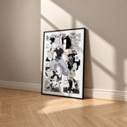 Satoru Gojo Shinjuku Showdown manga poster inspired by Jujutsu Kaisen in a black frame against a warm beige wall