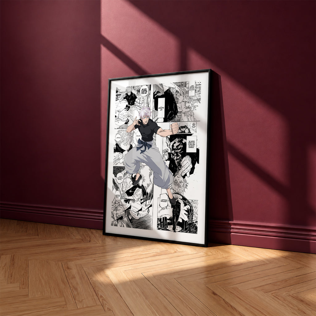 Satoru Gojo Shinjuku Showdown manga poster inspired by Jujutsu Kaisen in a black frame against a burgundy wall