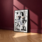 Satoru Gojo Shinjuku Showdown manga poster inspired by Jujutsu Kaisen in a black frame against a burgundy wall