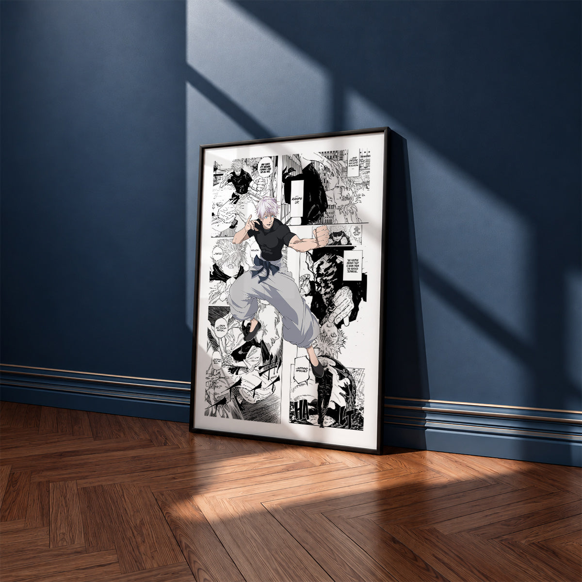 Satoru Gojo Shinjuku Showdown manga poster inspired by Jujutsu Kaisen in a black frame against a navy blue wall