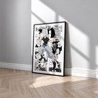 Satoru Gojo Shinjuku Showdown manga poster inspired by Jujutsu Kaisen in a black frame against a light gray wall