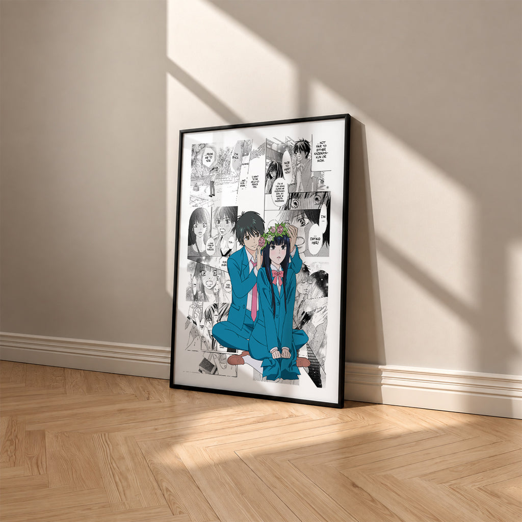 Sawako Kuronuma and Shota Kazehaya manga poster inspired by Kimi ni Todoke: From Me to You in a black frame against a warm beige wall