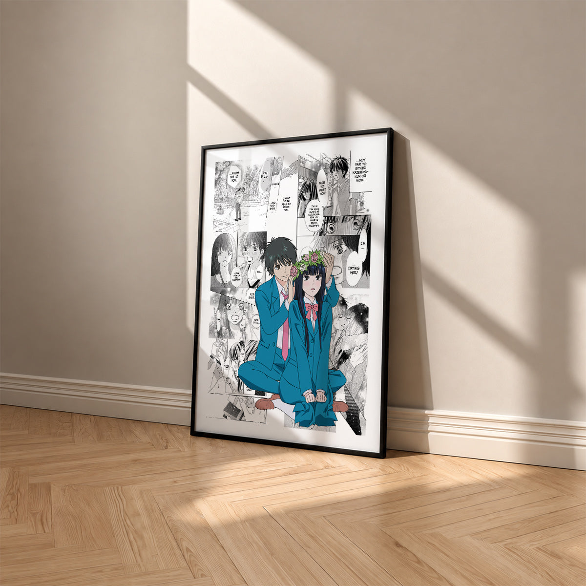Sawako Kuronuma and Shota Kazehaya manga poster inspired by Kimi ni Todoke: From Me to You in a black frame against a warm beige wall