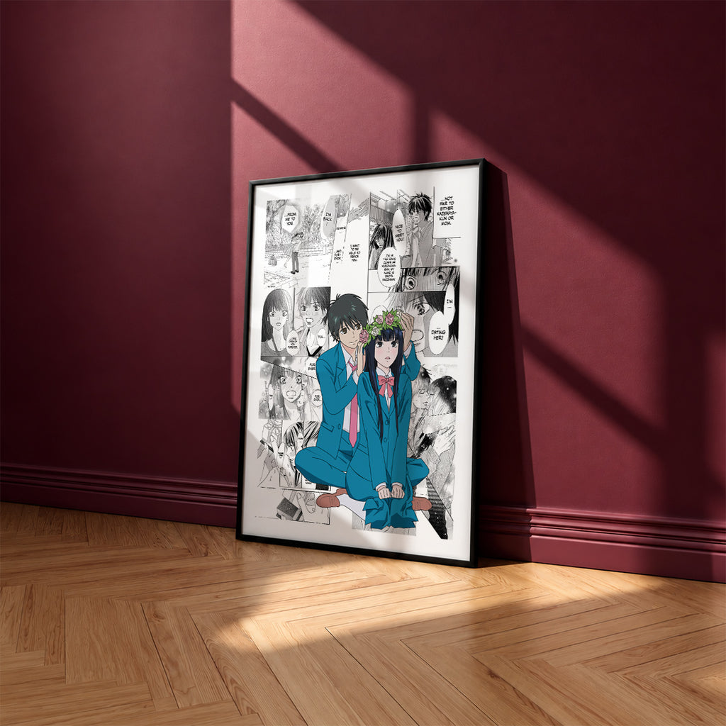 Sawako Kuronuma and Shota Kazehaya manga poster inspired by Kimi ni Todoke: From Me to You in a black frame against a burgundy wall